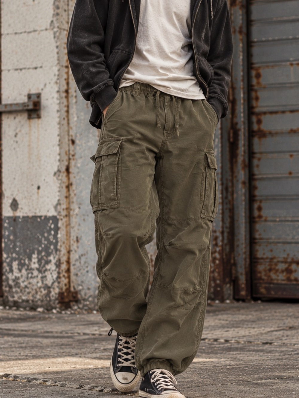 H&M Men’s Khaki Green Cargo Pants Size M Utility Drawstring Jogger